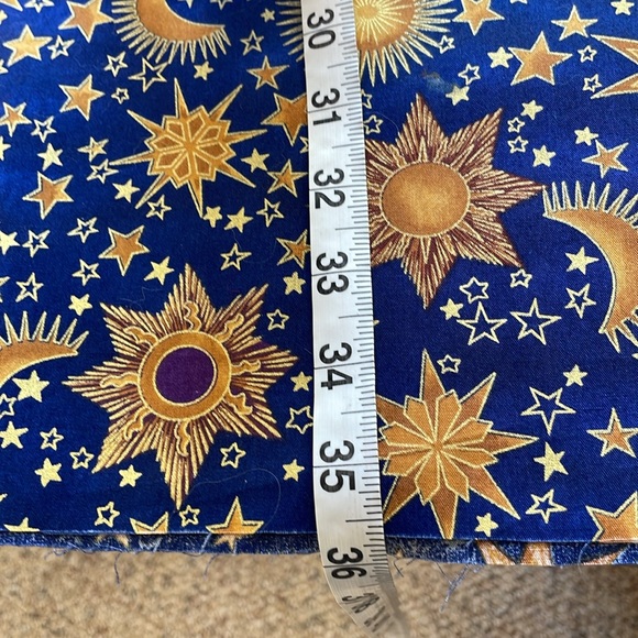 2 sewing fabric remnants, dark blue w/gold stars, moons; green/red/yellow swirl - Picture 3 of 6